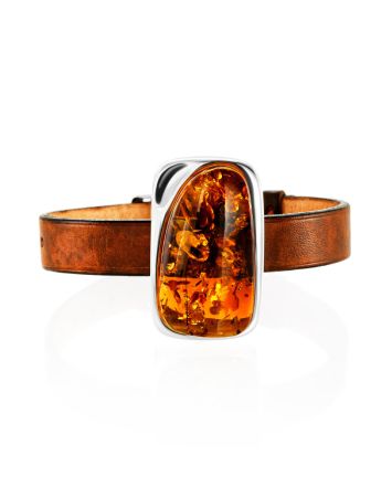 Ethnic Style Leather Bracelet With Cognac Colored Amber, image 