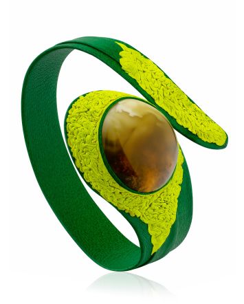 Colorful Green Leather Bracelet With Natural Amber Centerstone, image 