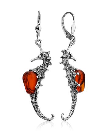 Sea Horse Design Silver Amber Earrings, image 