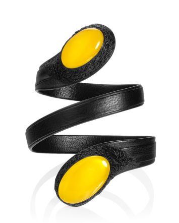 Twisted Design Leather Bracelet With Two Amber Stones, image 