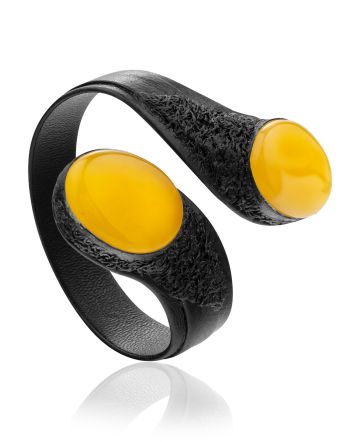 Designer Dark Leather Bracelet With Honey Colored Amber, image 
