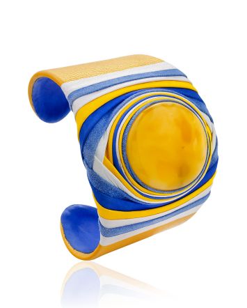 Blue And Yellow Leather Cuff Bracelet With Natural Amber, image 
