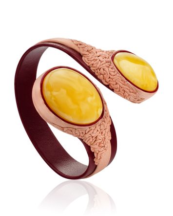 Two-Toned Leather Cuff Bracelet With Natural Amber Centerstone, image 