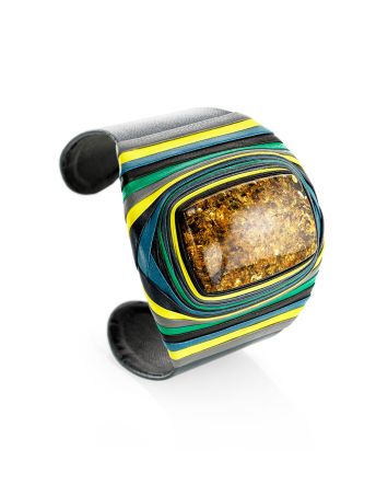 Wide Mix Color Leather Cuff Bracelet With Natural Green Amber, image 