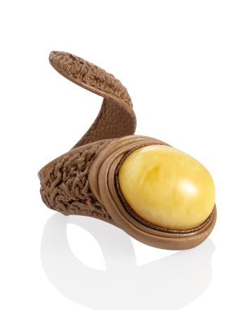 Boho Chic Brown Leather Ring With Natural Amber, Ring Size: Adjustable, image 