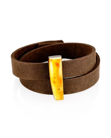 Stylish Leather Bracelet With Amber And Wood, image 