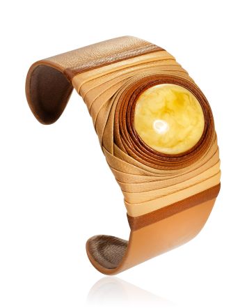 Wide Brown Leather Cuff Bracelet With Amber, image 