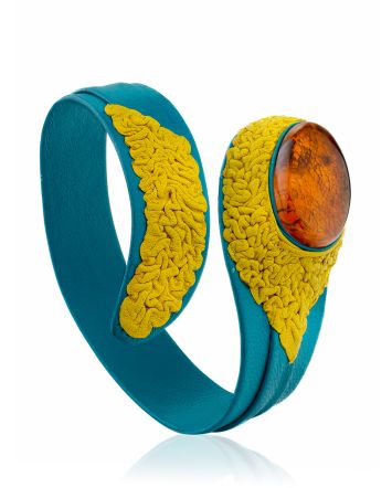 Mix Color Leather Cuff Bracelet With Natural Amber, image 