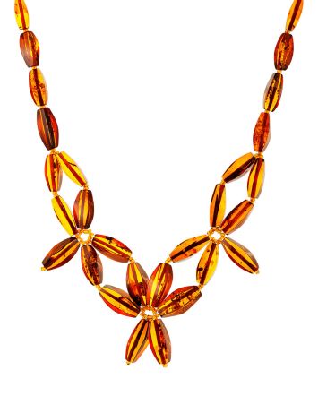 Floral Motif Cognac Amber Choker Necklace, image 