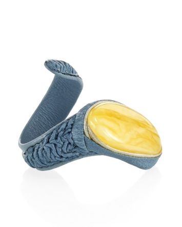 Exclusive Blue Leather Ring With Amber Centerstone, Ring Size: Adjustable, image 