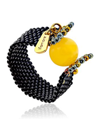 Designer Beaded Ring With Natural Amber The Link, Ring Size: 9 / 19, image 