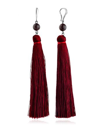 Flamboyant Design Garnet Earrings With Silk Tassels, image 