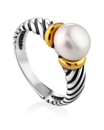 Trendy Bicolor Ring With Glossy Pearl Centerstone, Ring Size: 8 / 18, image 