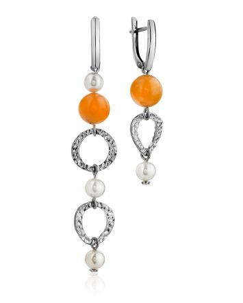 Asymmetric Design Earrings With Quartz And Faux Pearl, image 