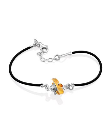 Playful Design Rubber Bracelet With Cute Gilded Plane And Natural Amber, image 