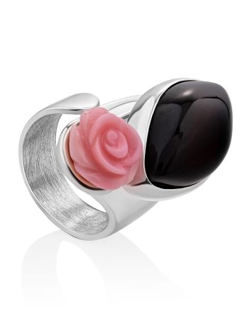 Floral Motif Amber Cocktail Ring With Oyster Shell, Ring Size: Adjustable, image 