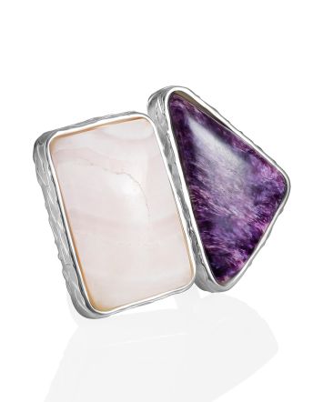 Bold Geometric Design Ring With Charoite And Aragonite The Bella Terra, Ring Size: Adjustable, image 