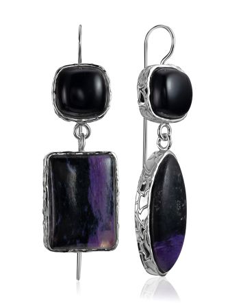 Asymmetric Design Charoite And Onyx Earrings The Bella Terra, image 