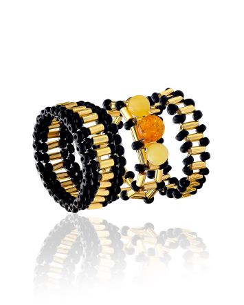 Summery Japanese Seed Bead Set Of Rings With Amber The Link, Ring Size: Adjustable, image 