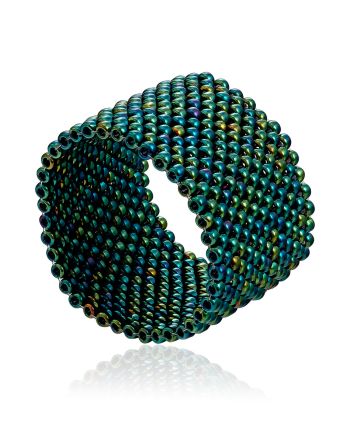 Emerald-colored Seed Beads Ring The Link, Ring Size: 9 / 19, image 