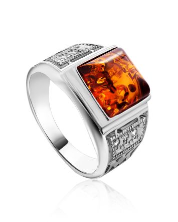 Classic Men's Signet Ring With Cognac Amber In Sterling Silver The Cesar, Ring Size: / 22.5, image 
