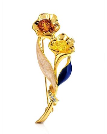 Bright Gold Plated Brooch With Amber And Enamel The Beoluna, image 