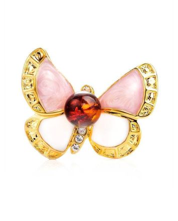 Enamel Butterfly Brooch With Amber And Crystals The Beoluna, image 
