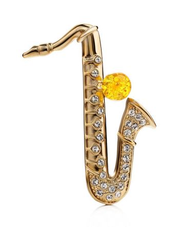 Gold Plated Brooch With Lemon Amber And Crystals The Beoluna, image 