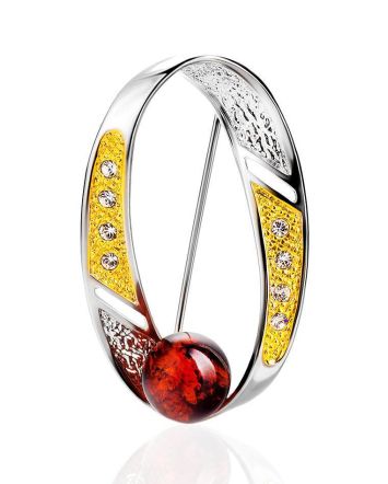 Stylish Gold Plated Brooch With Amber And Crystals The Beoluna, image 