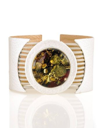 Handcrafted White Leather Bracelet With Green Amber The Amazon, image 