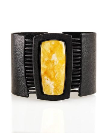Handcrafted Dark Leather Bracelet With Honey Amber The Amazon, image 