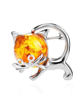 Silver Brooch With Cognac Amber The Kitten, image 