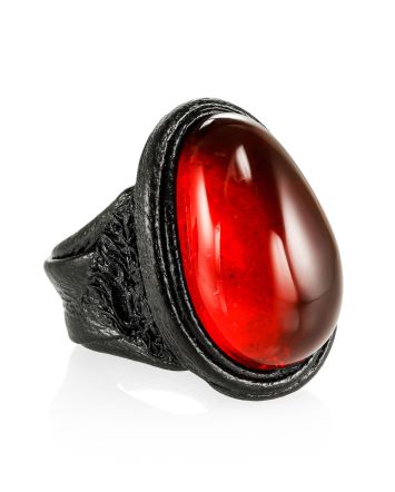 Dark Leather Open Ring With Lemon Amber The Nefertiti, Ring Size: Adjustable, image 