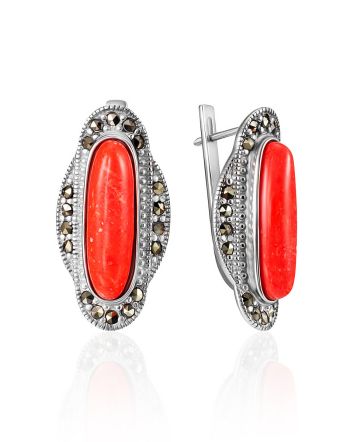 Bright Synthetic Coral Earrings With Marcasites The Lace, image 