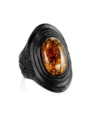 Dark Leather Open Ring With Lemon Amber The Nefertiti, Ring Size: Adjustable, image 