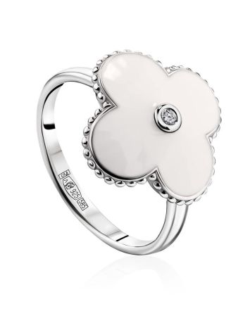 White Enamel Clover Shaped Ring With Diamond The Heritage, Ring Size: 8 / 18, image 