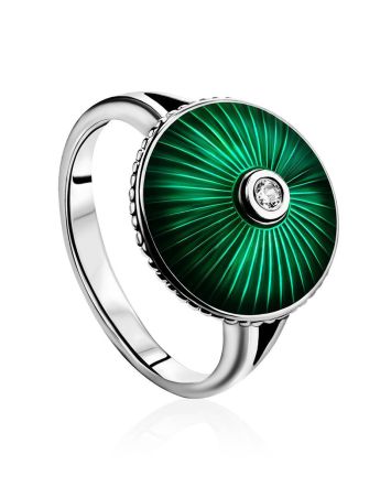 Green Enamel Silver Ring With Crystal The Heritage, Ring Size: 6.5 / 17, image 