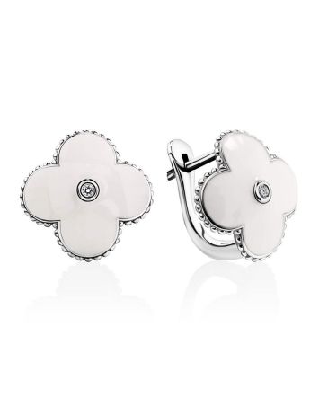 White Enamel Floral Earrings With Diamonds The Heritage, image 