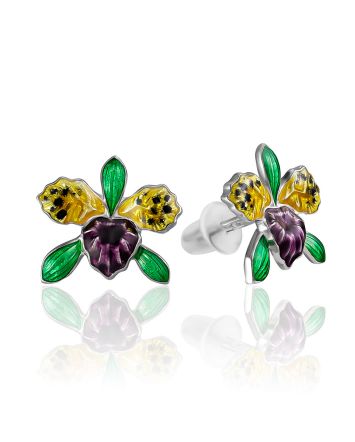 Floral Motif Stud Earrings With Enamel, image 