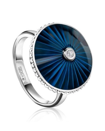 Blue Enamel Silver Ring With Diamond The Heritage, Ring Size: 5.5 / 16, image 