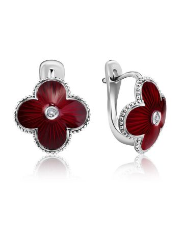 Red Enamel Clover Shaped Earrings With Diamonds The Heritage, image 