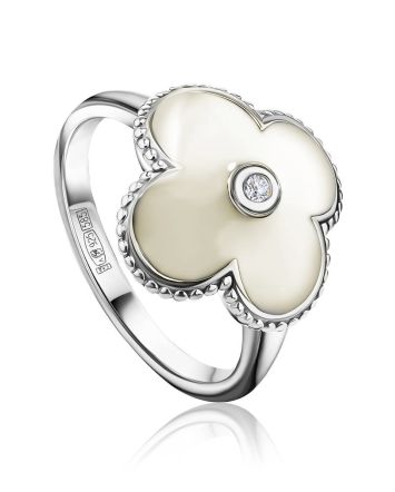 Silver Floral Ring With White Enamel And Diamond The Heritage, Ring Size: 5.5 / 16, image 