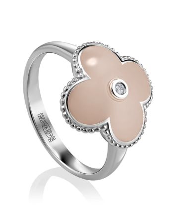 Silver Pink Enamel Ring With Diamond Centerpiece The Heritage, Ring Size: 8 / 18, image 