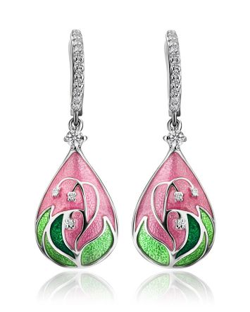 Pink Enamel Drop Earrings With Crystals The Romanov, image 