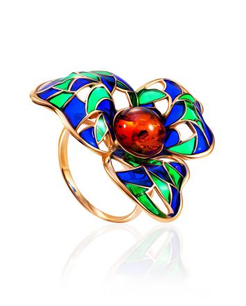 Bold Gold-Plated Ring With Cognac Amber And Enamel The Verona, Ring Size: 10 / 20, image 
