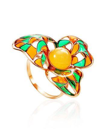 Colorful Enamel Ring With Honey Amber In Gold-Plated Silver The Verona, Ring Size: 11.5 / 21, image 
