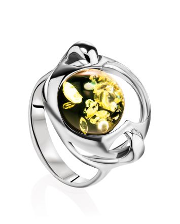 Futuristic Silver Ring With Green Amber The Orion, Ring Size: 9 / 19, image 