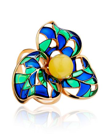 Wonderful Gold-Plated Ring With Honey Amber And Enamel The Verona, Ring Size: 9.5 / 19.5, image 
