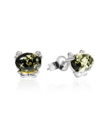 Cute Teddy Bear Motif Stud Earrings With Luminous Green Amber, image 
