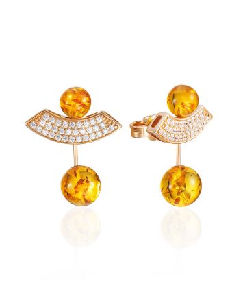 Fabulous Lemon-Colored Amber Stud Earrings With Crystals, image 